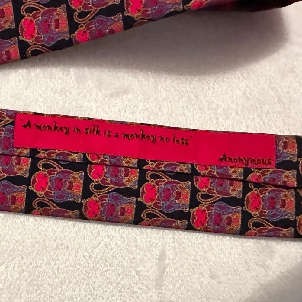 Mag Mouch London 100% Silk Mens Neck Tie Monkeys Red Black Vibrant Colorful
